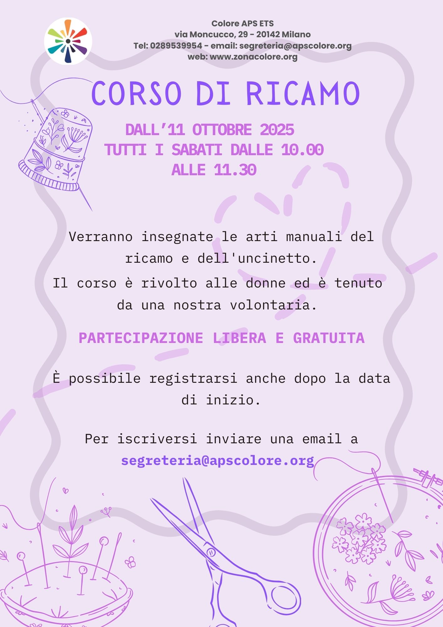 Corso di ricamo, dall'11 ottobre 2025. Verranno insegnate le arti manuali del ricamo e dell'uncinetto